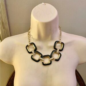 Cache Gold Chain Statement Necklace with Black Linked Square Accents